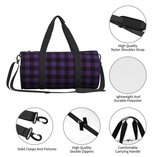 Travel Duffle Bag, Purple black plaid Sports Gym Bag for Women Men, Carry On Bag Weekender Overnight Duffel Bag, Personal Item Travel Bag4