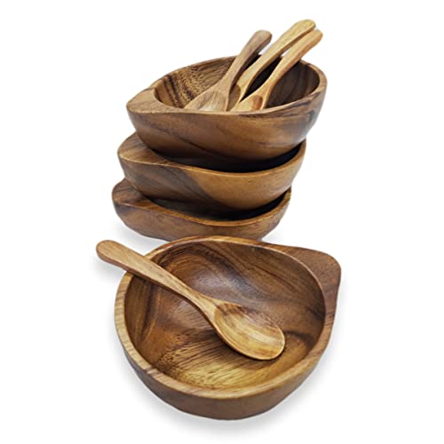 Bestysuperstore 3¾" Mini Acacia Wood Bowl With Tip-Supported Holding In Small Size For Condiments, Dip Sauce, Nuts, Candy, Fruits, Appetizer, And Snacks, Dia 3¾"X 1½" H - Set Of 4 (Free 4 Wood Spoons) #TOP4