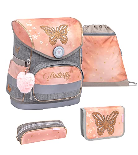 BAGTROTTER Schulranzen Rund Marie Verte Schmetterlinge – Federmäppchen Aus Polyester, 22x7x7 Cm