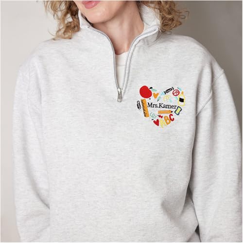 Furryland Personalized Embroidered Teacher Quarter Zip Sweatshirt for Women, Custom Teacher Day Gift, Customized Back to School Shirt, Embroidered Back to School Sweatshirt with Unique Design