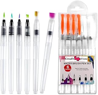 6 Sizes Refillable Watercolour Brush Pen Set - Water Colour Painting Drawing School Office Brushes Pens (Orange)