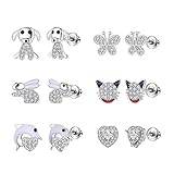 FAIOUS 6 Pairs S925 Sterling Silver Stud Earrings Hypoallergenic Earrings Puppy Dog, Cat, Bunny Rabb