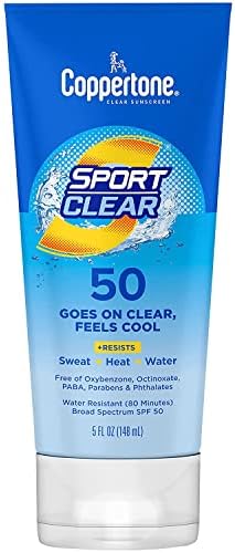 Coppertone Sport Clear SPF 50 Sunscreen Lotion, Water Resistant, Non-Greasy, Broad Spectrum UVA/UVB Protection, Clean, Cool, 5 Ounce