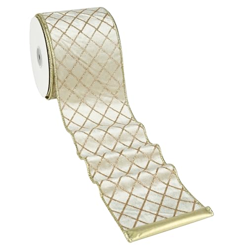 MAYREEL Ivory and Gold Christmas Velvet Wired Ribbon 4 Inch 10 Yards