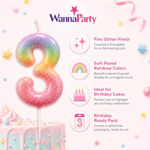 Image of Wanna Party Glitter Colorful 3rd Birthday Candle, Number 3 Cake Candle Cake Toppers for Girl Women, Glitter Colorful Themed Party Decorations Supplies Birthday Gifts