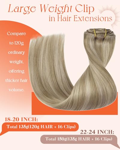 Image of Sunny Hair Clip in Hair Extensions Real Human Hair Blonde Highlight 20inch | Golden Blonde Clip in Hair Extensions, Thicker Ends and Balanced Fullness with Flowing Shape for Girls Night 135g
