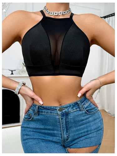 SweatyRocks Women's Sheer Mesh Halter Bra Wireless Criss Cross Light Support Bralettes3