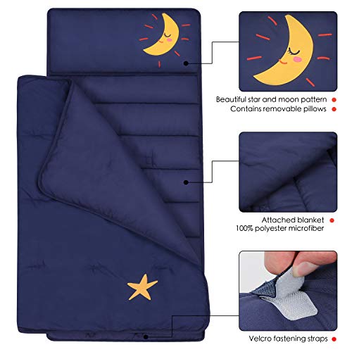 TILLYOU Toddler Nap Mat with Pillow for Boys Girls, Moon Sky Theme, Soft Warm Kids Sleeping Bag Sack for Daycare, Preschool and Kindergarten, Ages 2-4 Years, Navy - Thumbnail 2