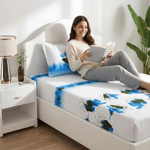 Image of Mafatlal Pure Cotton Single Bedsheet Combo Pack of 2 with Pillow Covers | Soft Breathable Bed Sheets for Summer | Floral Bedding Set | White Blue & Brown