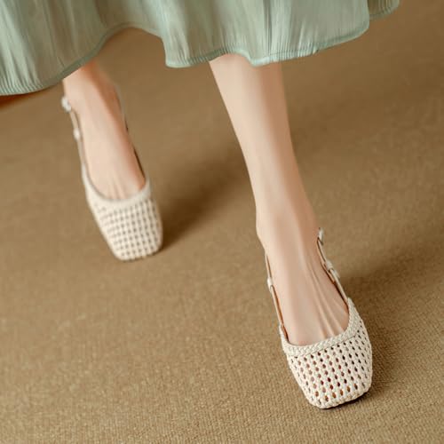 Mules et sandales tressées beige taille 40 à talons carrés bas d'été - 6
