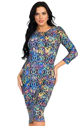 Image of ICONOFLASH Women's 3 /4 Sleeves Midi Bodycon Dress Crew Neck Fitted Dresses with Plus Size Options