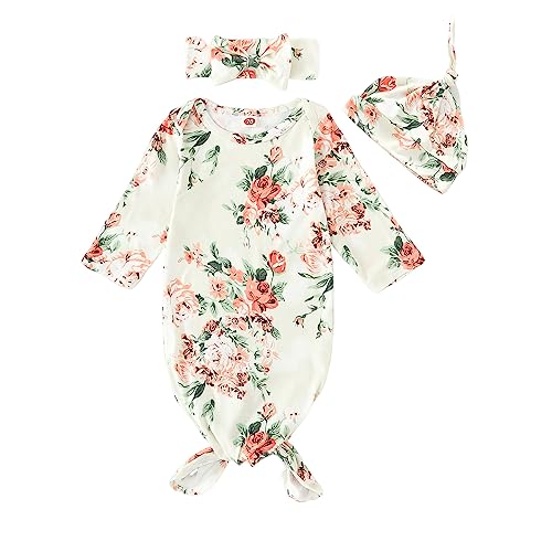 Image of Kislio Newborn Baby Girls Boy Knotted Gown Floral Nightgown Sleeper Gown Swaddle Headband Hat Coming Home Outfit Set