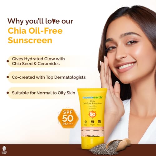 Image of Mamaearth Chia Oil-Free Sunscreen with Chia Seed & Ceramides for Hydrated Glow & Sun Protection - 50g | SPF50 PA++++ | Oil-Free Formula for Normal to Oily Skin | UVA /B Protection | Tan Protection | No White Cast | InVivo Tested | Healthy Skin Barrier