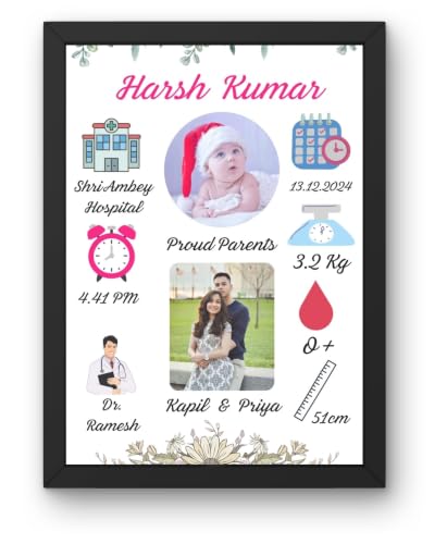 Image of Customized Wood Rectangle /Square Collage New Born Baby Photo Frame With Photo Upload For Boy,Girl,Parents And Birth Details Wall Mount|A4 Size Baby Frame|(30X22 CM)