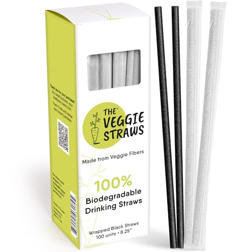 The Veggie Straws – 100 PCS of 8.25 Inches Individually Wrapped Black Biodegradable Straws – Made of Vegetable Fibers, Best Environment Friendly Drinking Straws for Hot and Cold Beverages