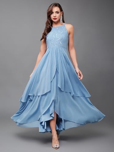 Image of Miss Chase Women's Round Neck Sleeve Embellished Fit Flare Maxi Dress