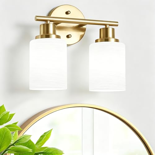 Image of 2-Light Vanity Lights, Brushed Gold Bathroom Light Fixture with Striped Textured Milky White Glass Shade, Modern Vanity Lighting Fixture for Bathroom Wall Light Over Mirror, E26 Wall Sconce