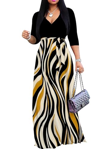 Image of Women's V Neck Floral Maxi Dress 3 /4 Sleeve Plus Size Boho Wrap Flowy Long Dresses with Belt