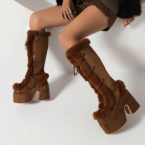Betastella Furry Winter Boots Platform Faux Fur Knee High Boots Chunky High Heel Zip Up Warm Boots4