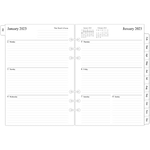 2023 Weekly & Monthly Planner Refill for A5 Ring Binder, 5-1/2" x 8-1/4", from January 2023 to December 2023, 6-Hole Punched Cover