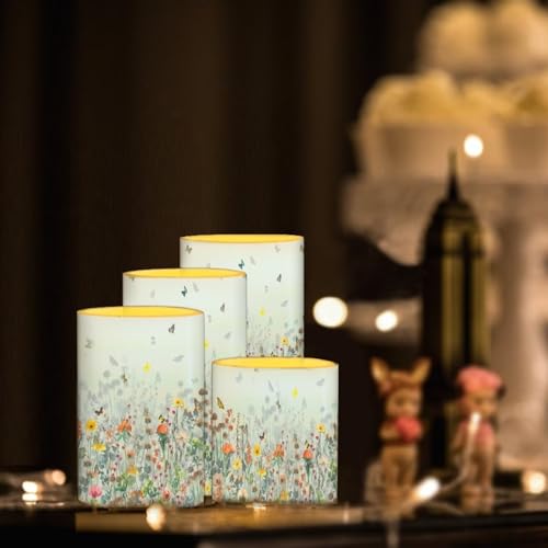 Image of Flameless LED Candles Electric Pillar Candles with Remote Timer Color Changing Control Long Lasting Pack of 4 for Table Centerpiece Home Indoor Decoration, Flower Butterfly Blue