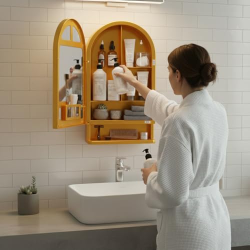 Image of CIPLA PLAST Ideal Wall Mounted Bathroom Mirror Cabinet with Storage Shelf, (Metalic Gold)