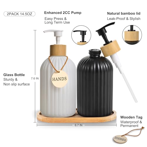 Image of 2 Pack ViserVita Glass Hand Soap Dispenser Set with Bamboo Pump, Elegant Refillable Liquid Dish Soap Dispenser with Tray, Perfect for Kitchen Sink and Bathroom Decor