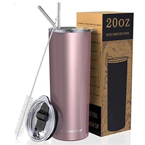 Umite Chef Straw Tumbler Skinny Travel Tumbler with Lid Vacuum Insulated 20oz Coffee Mug Double Wall Stainless Coffee Cup for Travel Indoor and Outdoor Rose Gold