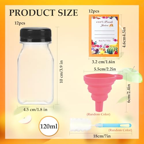 120 ml Wiederverwendbare Leere Flaschen, 12 Plastikflaschen mit Deckeln, Saftflaschen aus Plastik mit Fruchtaufklebern Reinigungsbürste Trichter, Leere Plastikflaschen zum Befüllen für Getränke Wasser