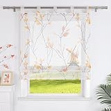 CORLIF Raffrollo mit Blattmuster Raffgardine mit Schlaufen Transparentes Pflanzen Rollo Küche Landhaus Fensterdekoration Wohnzimmer Orange,BxH 60x140cm
