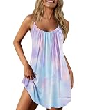 Ekouaer Nightgowns for Women Spaghetti Strap Sleepwear Sleeveless Sleep Dress with Pockets,Tie Dye Blue,L