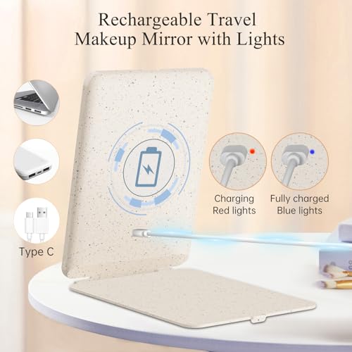 Image of FUNTOUCH Rechargeable Travel Makeup Mirror with 72 Led Lights, Portable Lighted Makeup Mirror, 3 Color Lighting, Dimmable Touch Screen, Type C, Tabletop LED Folding Cosmetic Vanity Mirror