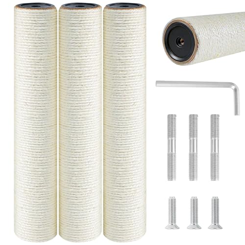 SYANDLVY Cat Scratching Post Replacement 3PCS M8 Cat Tree Tower Parts with Screws 15.7 x 3.1 Inch Natural Sisal Rope Wrapped Durable Pole for Cat Tower Scratcher Posts Repair & DIY Cat Furniture