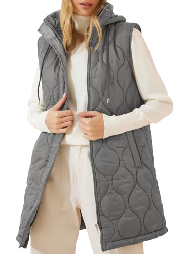 EVALESS Long Puffer Vest Women Sleeveless Hooded Puffer Jacket Casual Lightweight Quilted Jackets 2025 Fall Winter Warm Zip Up Coat Outerwear with Pockets Grey Small
