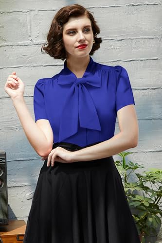 Image of Belle Poque Summer Short Sleeve Office Button Down Blouse Stripe Shirt Tops with Bow Tie BP573