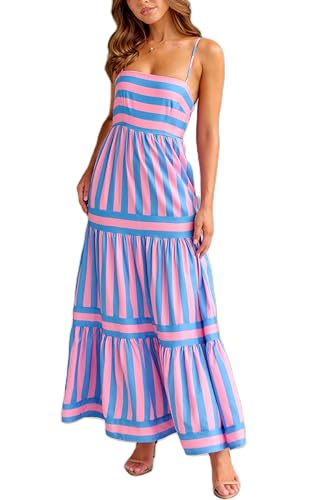 Image of KMBANGI Women Striped Sleeveless Maxi Dress Swing Patchwork Midi Dress Smocked Spaghetti Strap Colorful Long Sundress