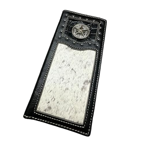 Men’s Long Leather Wallet – Hand Tooled Brown Rodeo Bifold with Hair-On Cowhide and Lone Star Concho – Western Checkbook Wallet for Cowboys & Texas Ranchers