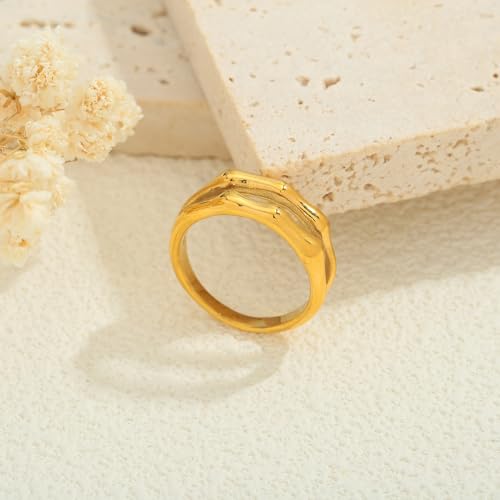 18K Gold Plated Stainless Steel Bamboo Double Band Ring for Women – Stackable Dainty or Chunky Non-Tarnish Jewelry Gift for Wedding, Anniversary, Everyday Wear Size 6 7 84