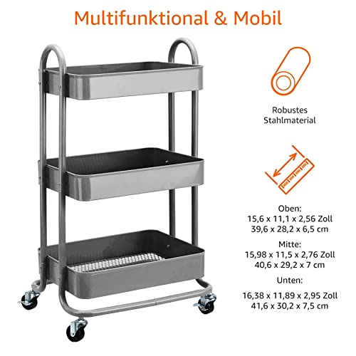 Foto von Amazon Basics Werkzeug- oder Küchenrollwagen, 3 Ebenen, Metall, Anthrazit