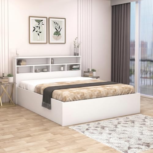 Image of DesignFit Engineered Wood Queen Size Bed with Box Storage | Wooden Double Bed Cot Palang Furniture | Modern Storage Bed Frame for Bedroom Living Room (White Finish)