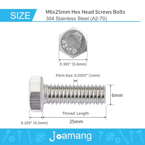 Image of M6-1.0 x 25mm Hex Head Screws Bolts, M6 x 1.0 Bolt, 304 Stainless Steel(A2-70), Hexagon Head Bolts, Metric Fully Thread, Bright Finish, Quantity 25
