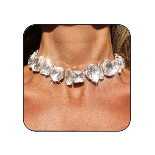 JONKY Rhinestone Choker Necklace Silver Big Diamond Jewelry for Women