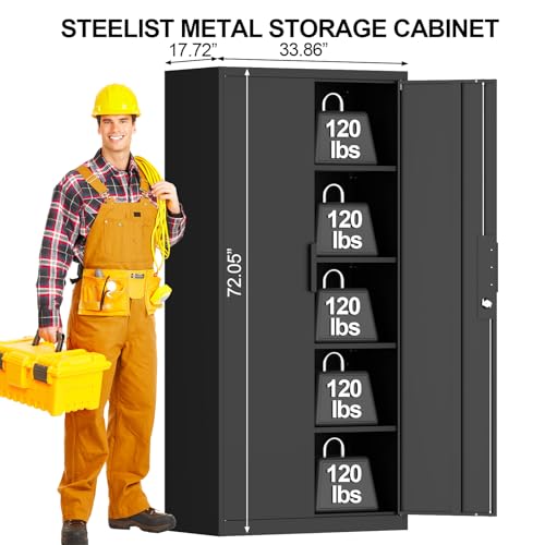 Image of Black Storage Cabinet, Metal Garage Storage Cabinets with Adjustable Shelves, 72.05 inch H Heavy Duty Tall Cabinet with Locking Doors, Steel Organizer for Basement, School