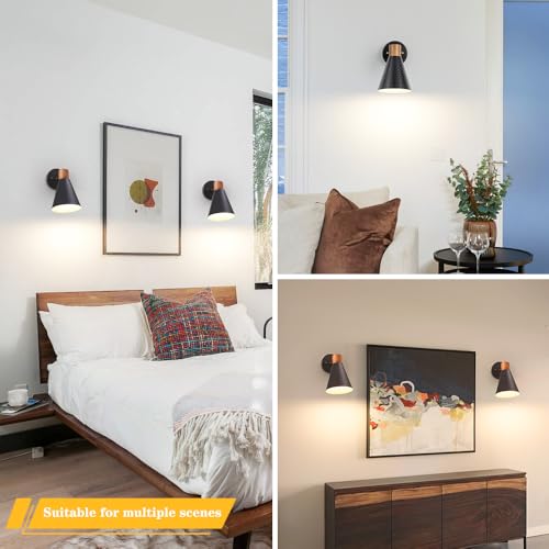 Image of Modern Battery Operated Wall Sconces Set of Two, Black Rechargeable Sconces with Metal Shade, Dimmable Wireless Wall Light Fixture with Remote Control for Bedroom Hallway Vanity(Include 2 RGB Bulbs）