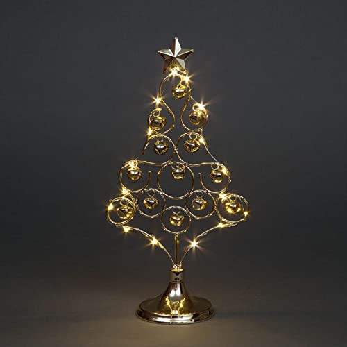 35cm Pre-Lit Table Top Golden Christmas Tree With Warm White LEDs Bells Star Festive Xmas Holiday Home Office Novelty Decorations