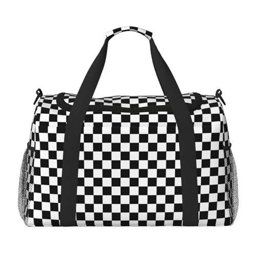 Black White Racing Big Capacity Sports Gym Bag Portable Travel Duffle Bag, Checkerboard Lightweight Weekender Workout Bag for Overnight, Unisex