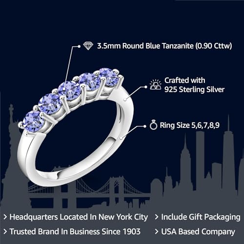 Gem Stone King 925 Sterling Silver Blue Tanzanite 5-Stone Wedding Anniversary Band Ring For Women (0.90 Cttw, Gemstone December Birthstone, Available In Size 5, 6, 7, 8, 9)2