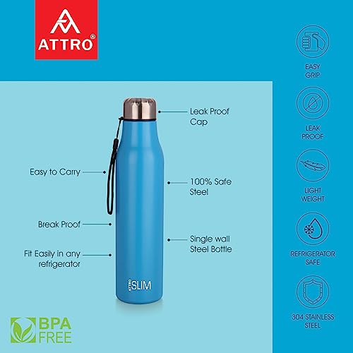 Image of ATTRO Slim Stainless Steel Single Wall 1000ml Water Bottle, Light Weighted Leak -Proof Use for Office, School, Outdoor & Gym - Blue