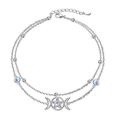 Image of Ladytree S925 Sterling Silver Boho Beach Double Layer Anklets Bracelet for Women Adjustable 9 to 11 inches