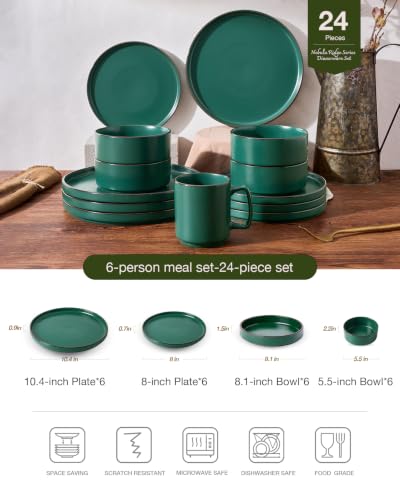 Image of Famiware Nebula Ridge 24-Piece Dinnerware Set with Pasta Bowls, Dark Green